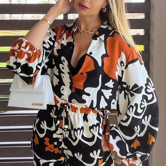 Zara Balloon Sleeve Print Collared Blouse - Picture 2 of 6